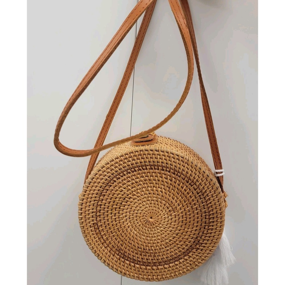 Round Rattan Boho Straw Woven Circle Crossbody Purse Bag Beach Coastal Tropical